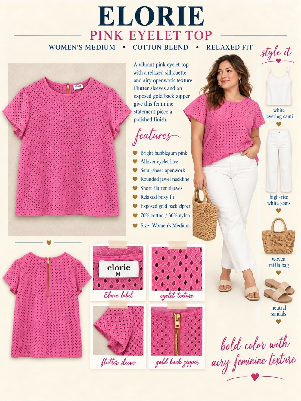 Elorie Crewcuts Bright Pink Eyelet Short Sleeve Top